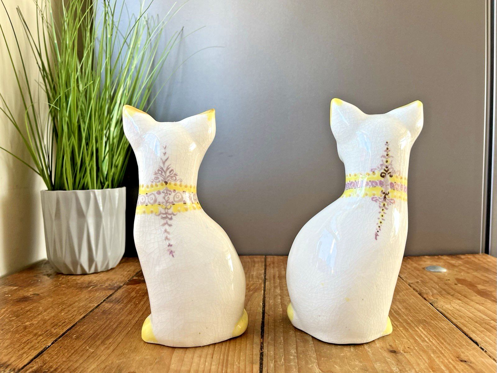 Pair Of Unusual Mid Century Pottery Mantel Cats Ornaments Portuguese ? Italian ? photo vintage