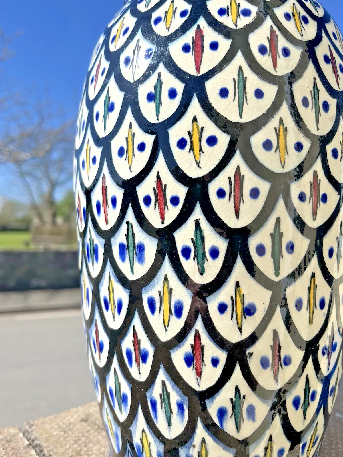 Large Mid Century Moroccan Safi Pottery Tall Vintage Geometric Faience Boho Vase photo 150.0