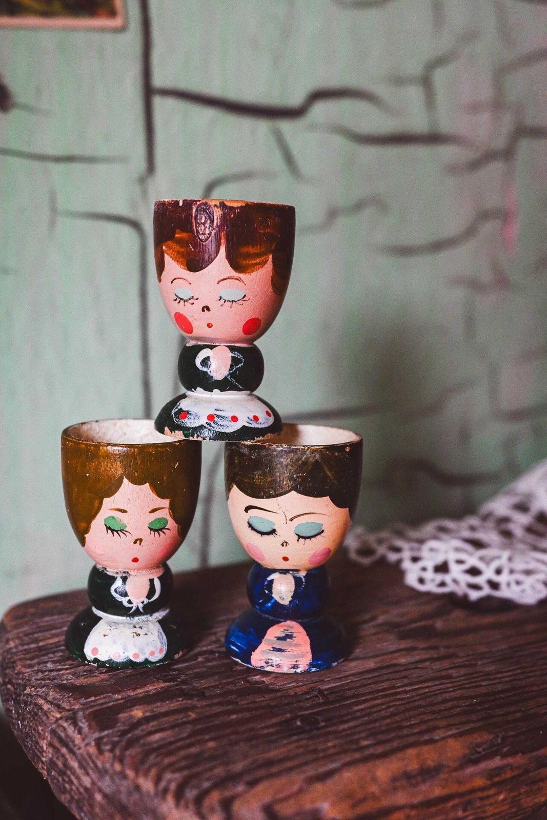 Vintage Italian Hand Painted Wooden Egg Cups From 1960s   Set Of 3 Antique Holders