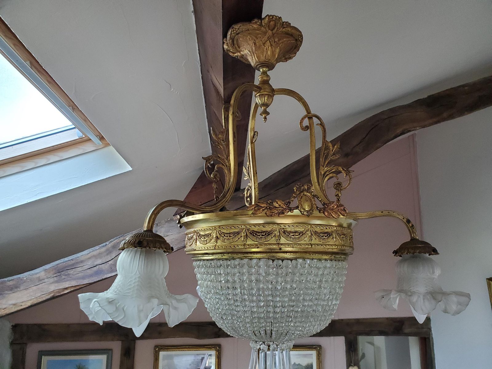 French Bag Or Basket Chandelier / Large French Chandelier / Cut Crystal Chandelier / 6 Bulb French Empire Chandelier / Bronze Chandelier photo furniture