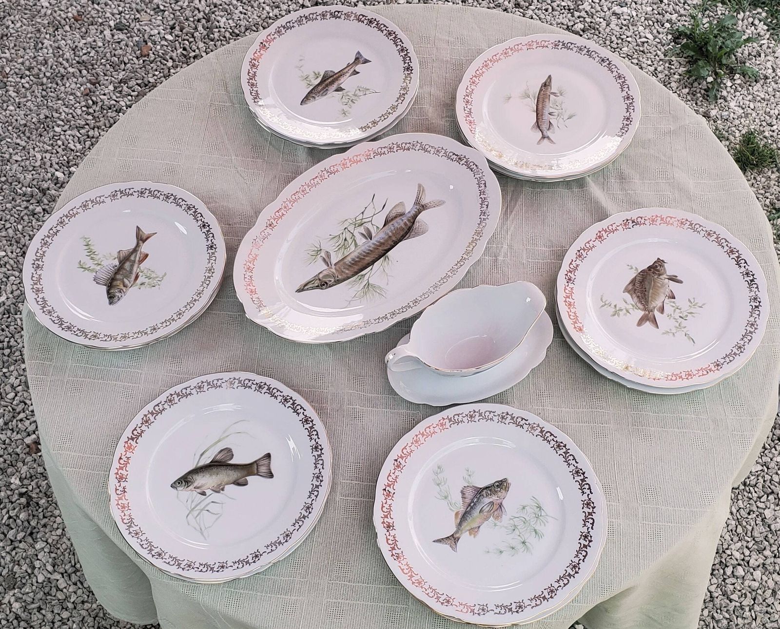 Full Set Of 12 Porcelain Fish Plates, Platter And Jug By Schumann Of Arzberg / 1960s Unused Porcelain Fish Plates / Boxed Set Of Porcelain