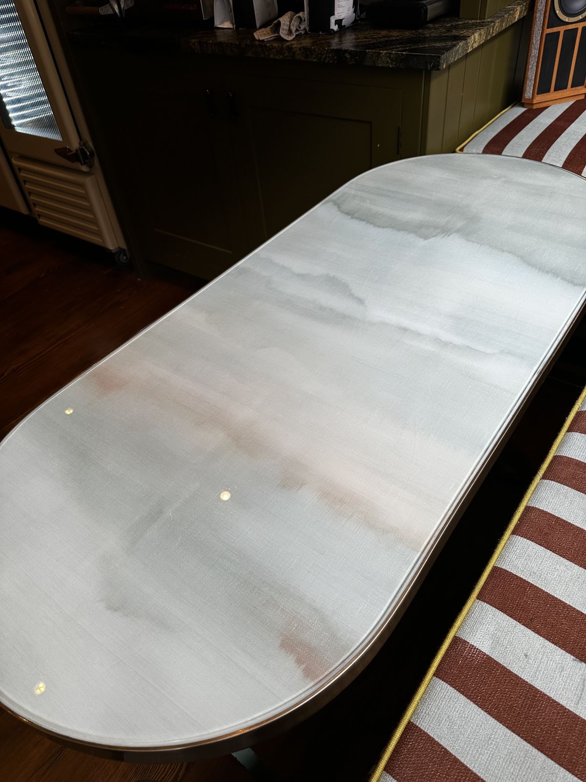 Bespoke French Bistro Table – Brass Rim, Glass Watercolor Top, Cast Iron Legs – Unique Design photo furniture