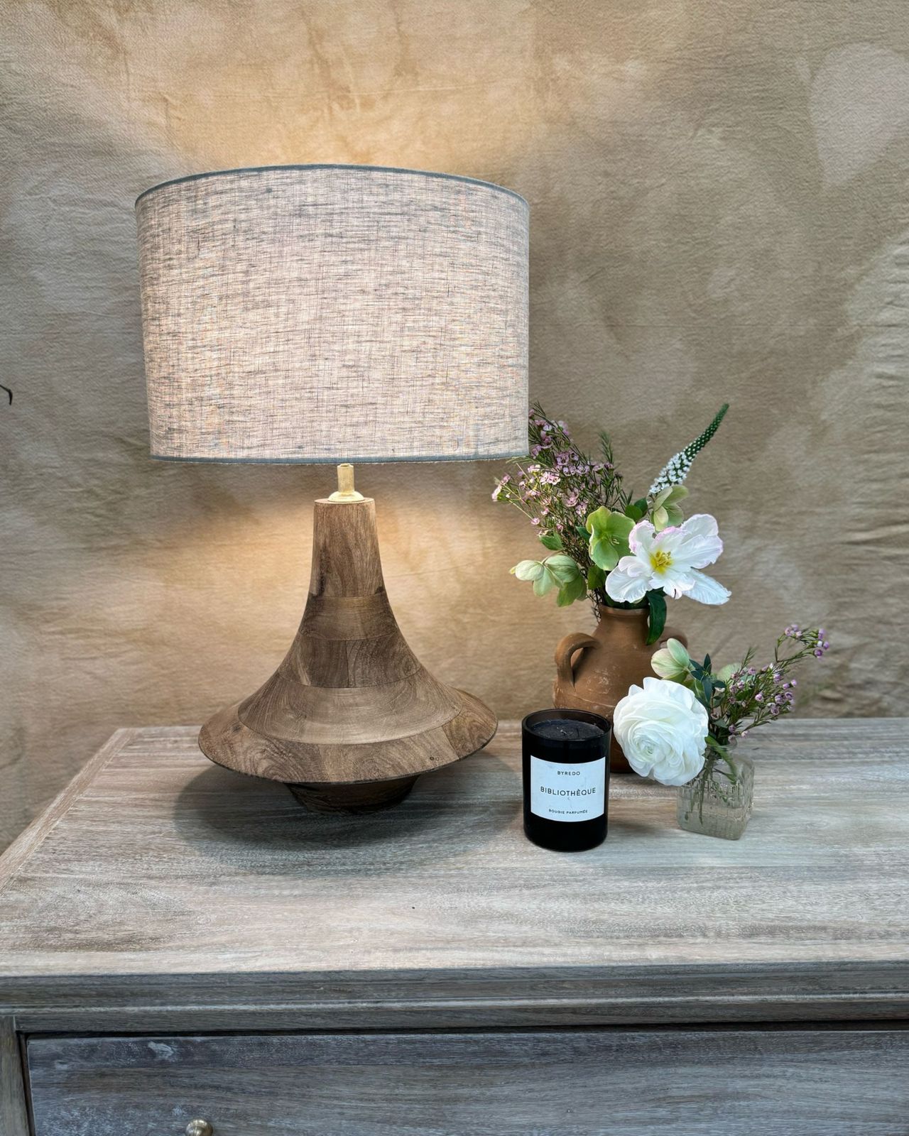 Mango Wood Table Lamp – Petite Sculptural Design With Linen Shade photo for sale