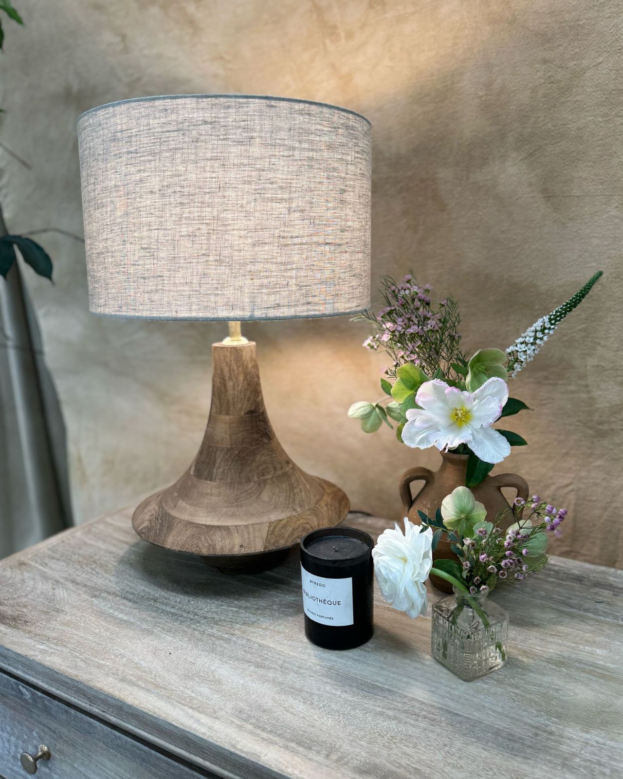 Mango Wood Table Lamp – Petite Sculptural Design With Linen Shade photo Lighting