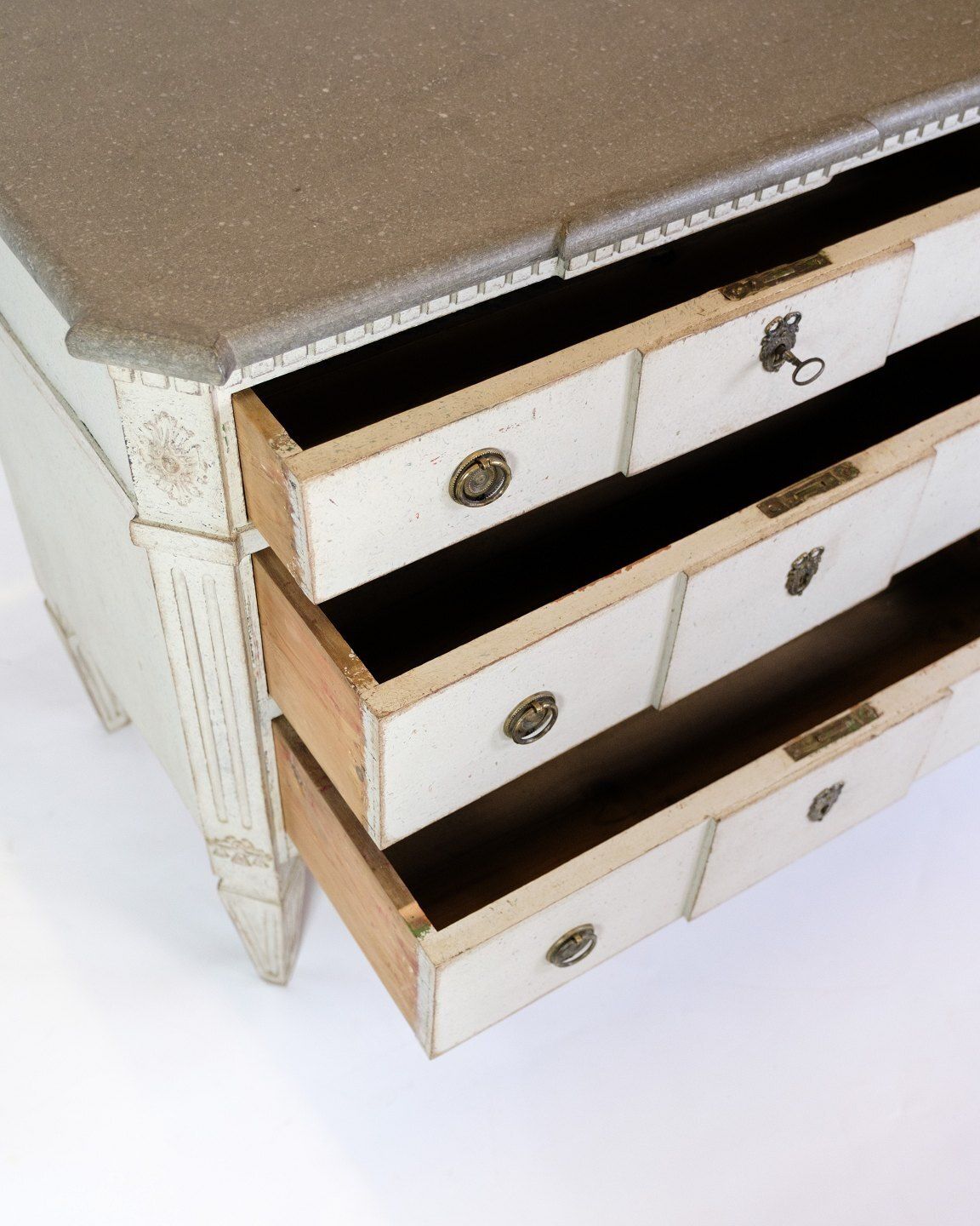 Gustavian Chest Of Drawers With 3 Drawers Grey Painted With Marbled Top, Swedish Origin From 1840s photo vintage