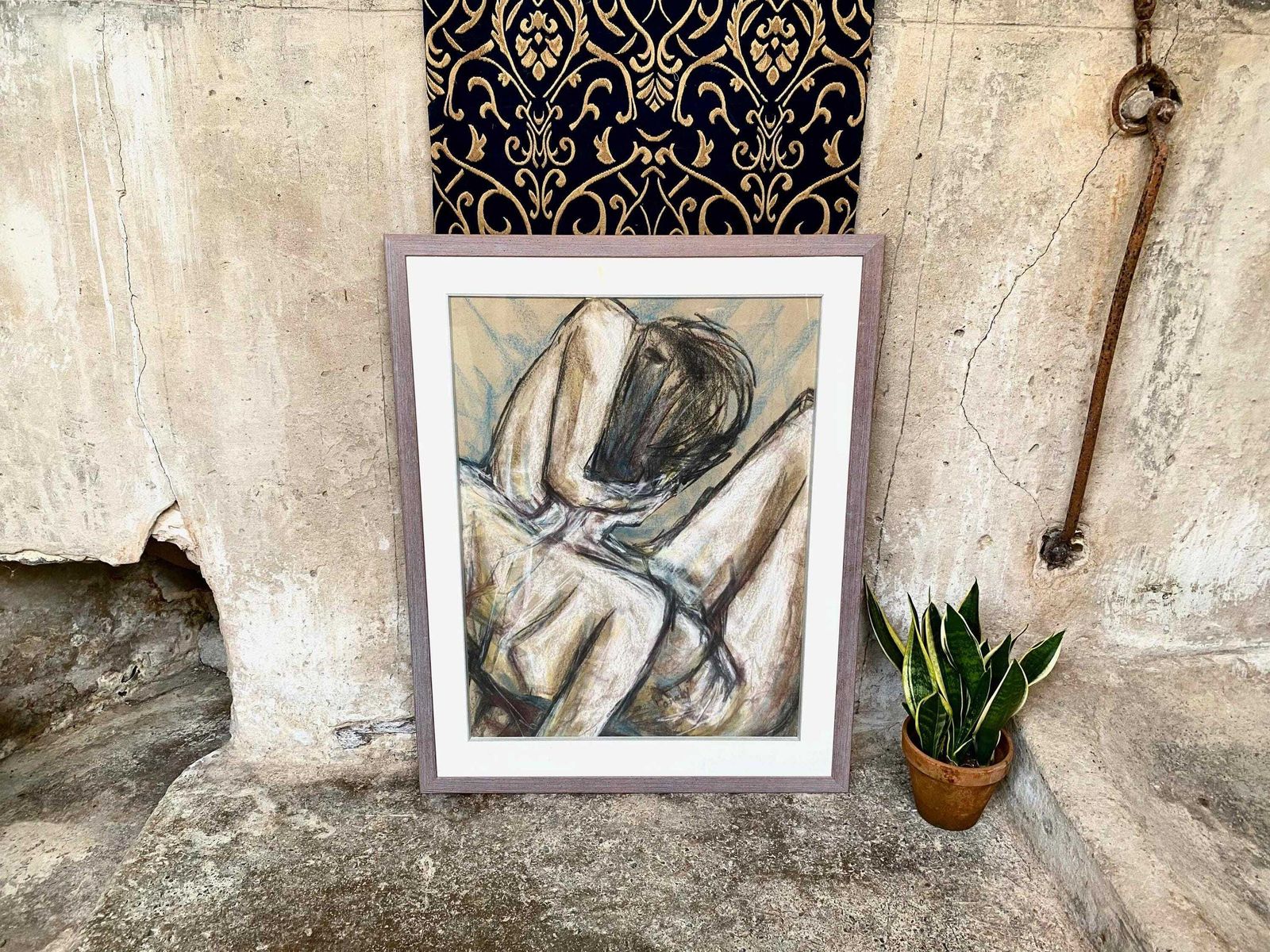 Large Framed Figurative Pastel On Paper   Signed Pembrokeshire Artist Susan Pomery photo furniture