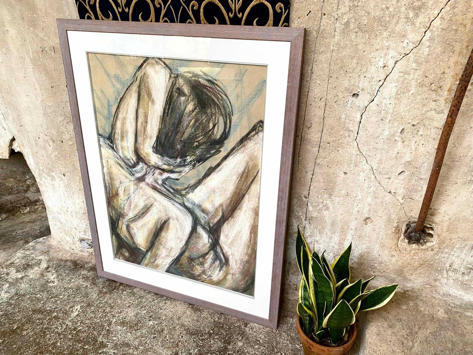 Large Framed Figurative Pastel On Paper   Signed Pembrokeshire Artist Susan Pomery photo vintage