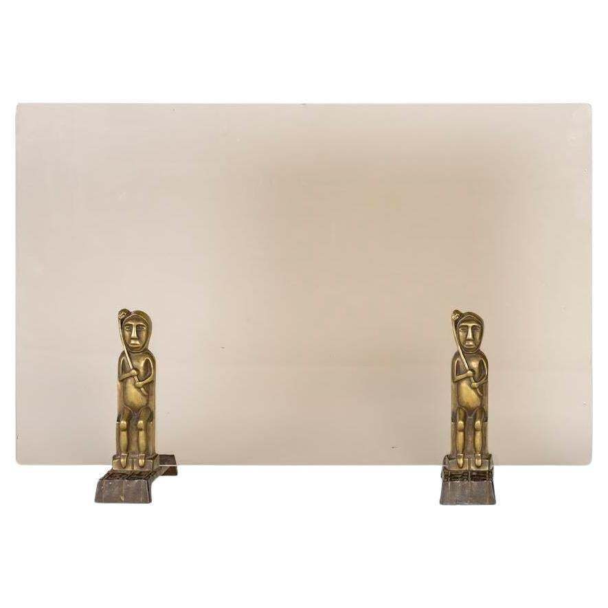 Fire Screen In Bronze And Tinted Glass Plate, Tribal Art.