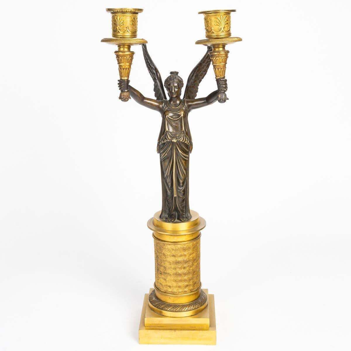 A Pair Of Gilt Bronze And Patinated Candelabra With Winged Victories. photo 7992.0