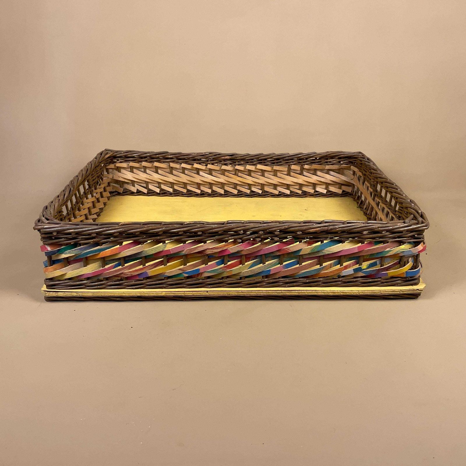 Funky Multicolour Storage Basket Rectangle Tray Woven Wicker Yellow Retro Vintage Boho Crafts photo furniture