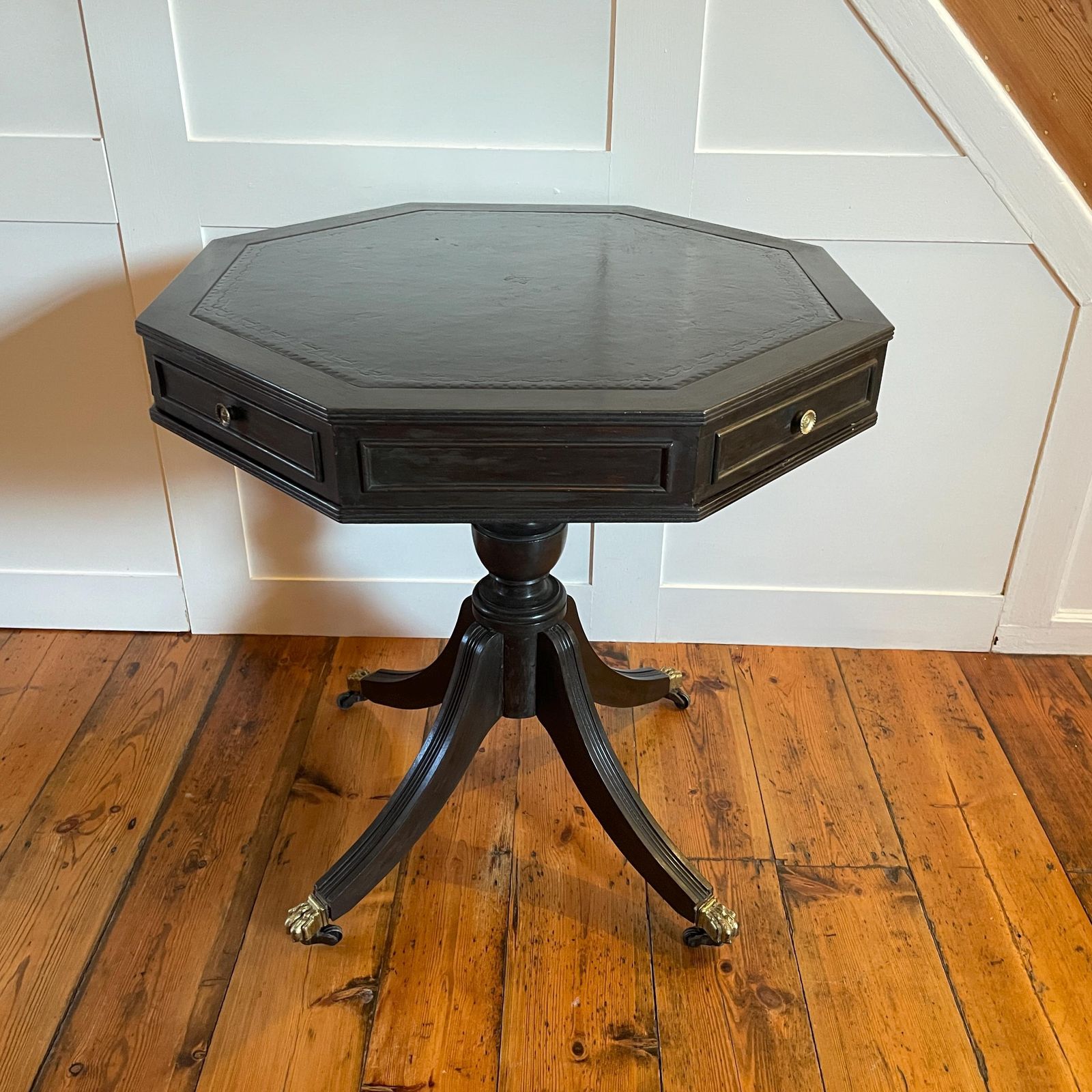 Antique Black Mahogany Octagon Writing Table Leather Top Drum C.Early 1900's Center Hallway Table Brass Wheels On Claw Feet