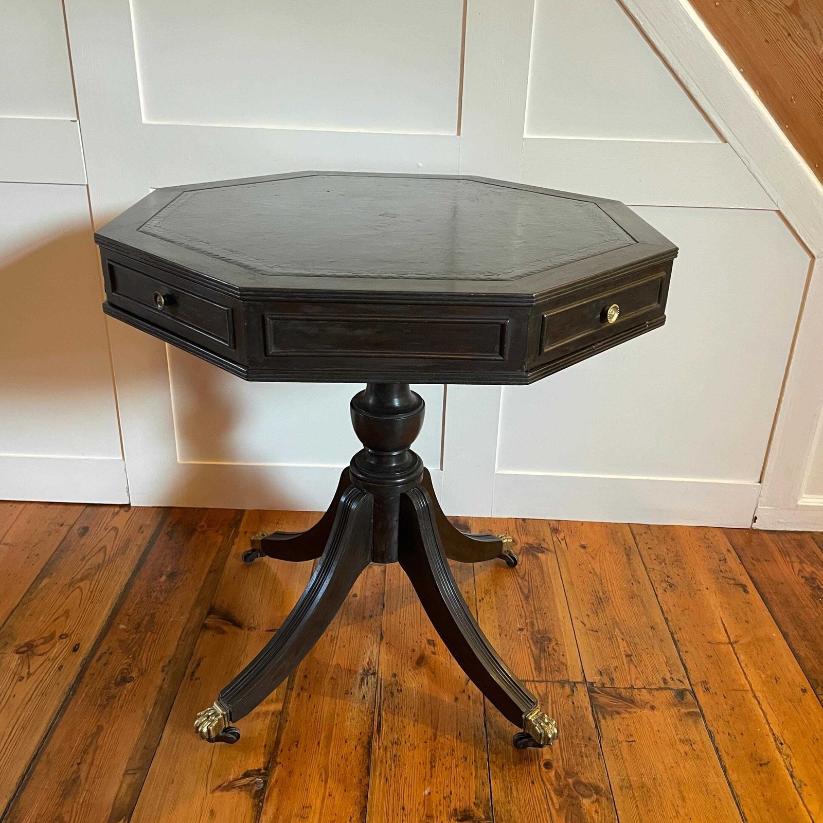 Antique Black Mahogany Octagon Writing Table Leather Top Drum C.Early 1900's Center Hallway Table Brass Wheels On Claw Feet photo furniture