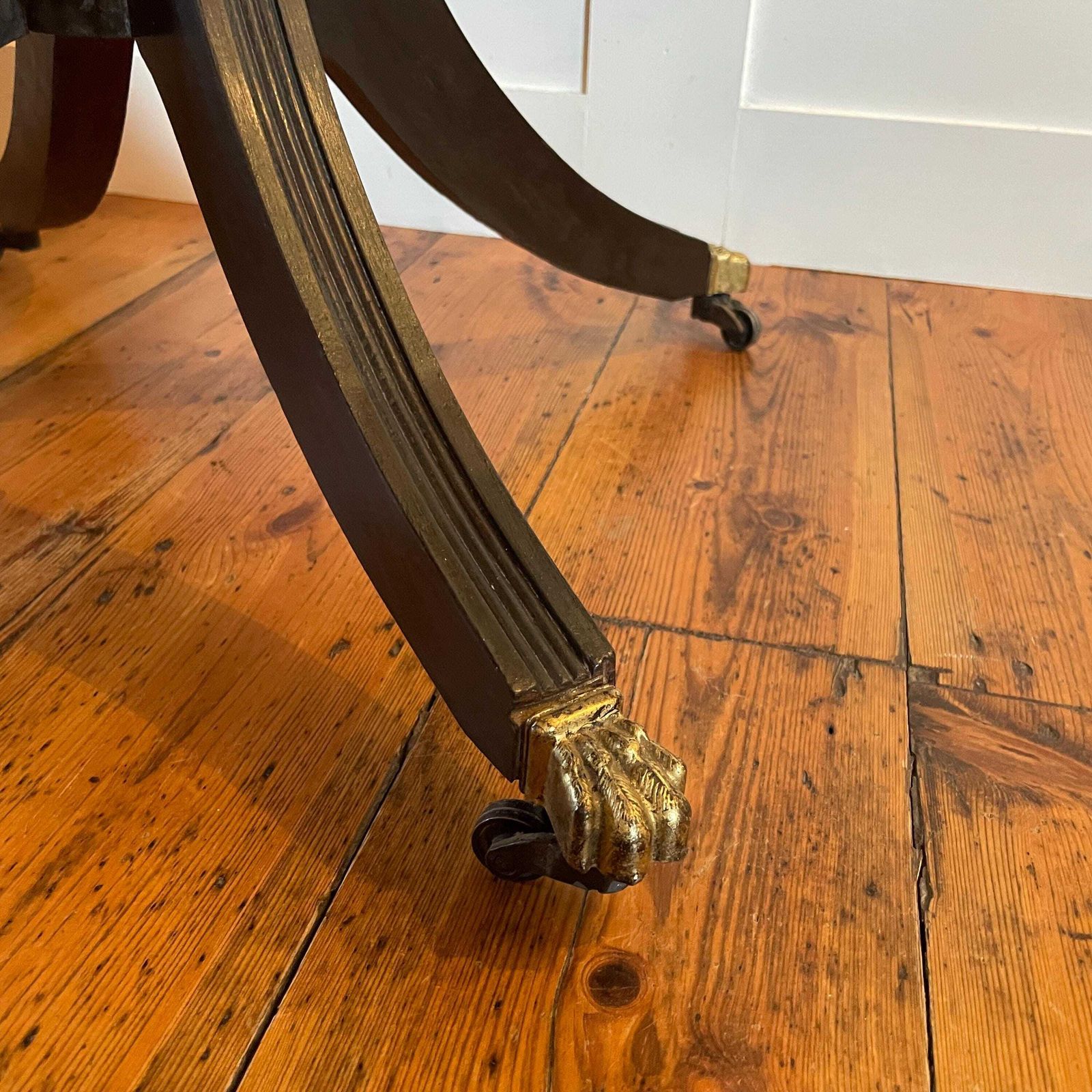 Antique Black Mahogany Octagon Writing Table Leather Top Drum C.Early 1900's Center Hallway Table Brass Wheels On Claw Feet photo Furniture