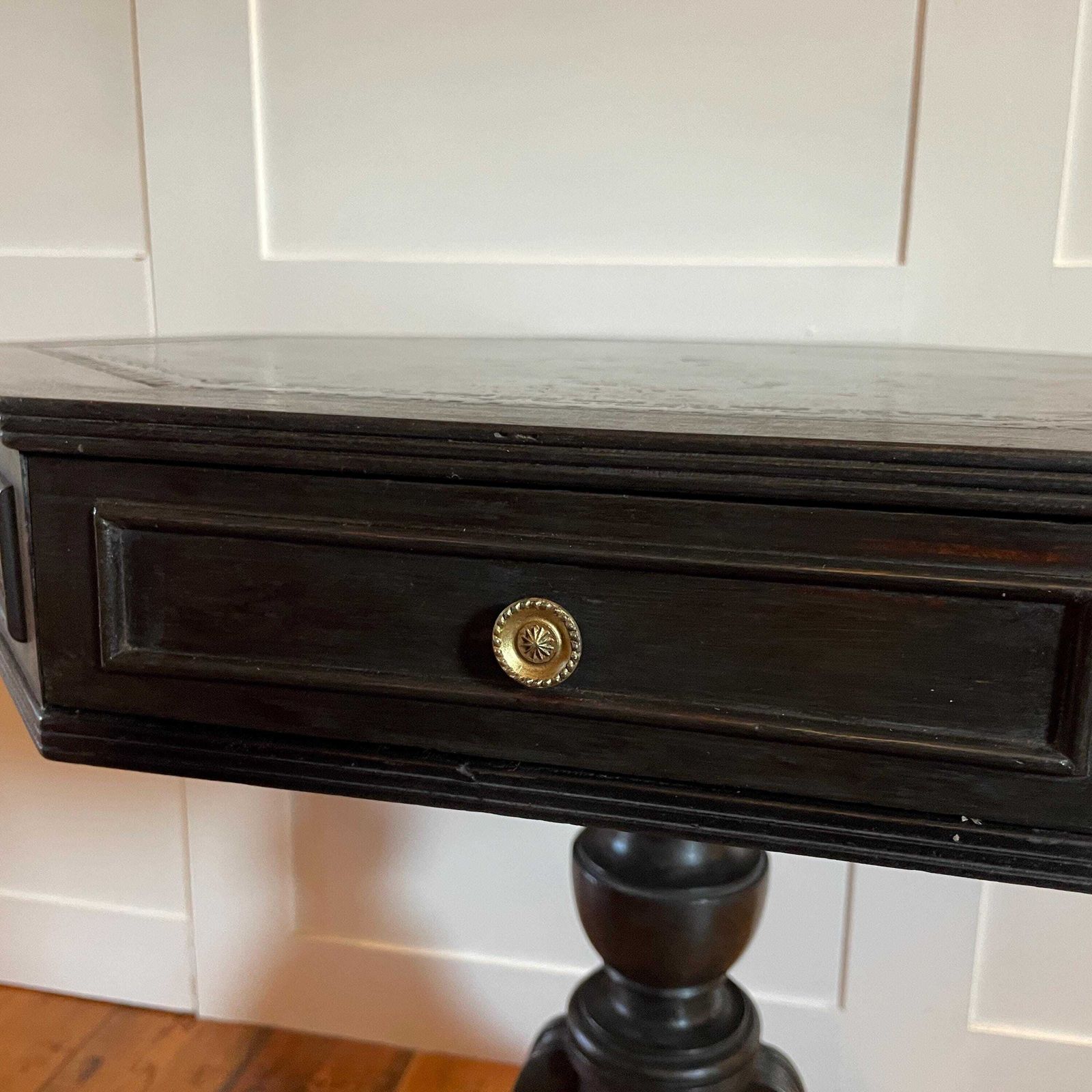 Antique Black Mahogany Octagon Writing Table Leather Top Drum C.Early 1900's Center Hallway Table Brass Wheels On Claw Feet photo 495.0