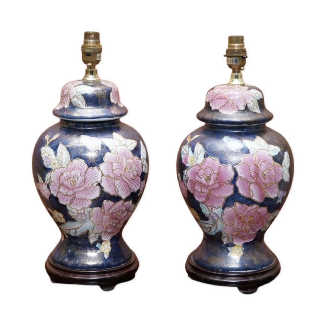 Navy Blue Lamp Stand With Floral Artwork