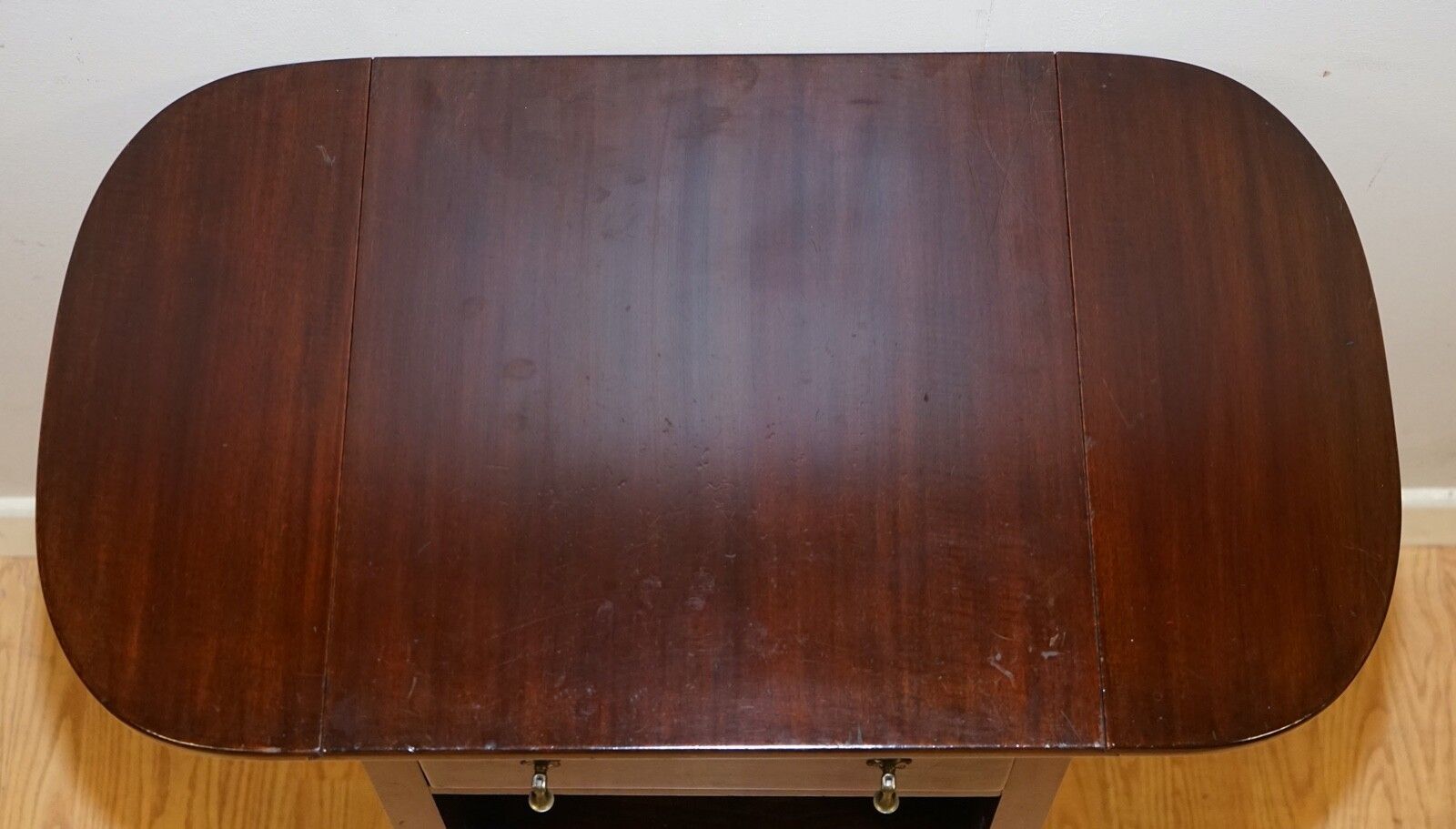 Lovely Vintage Mahogany Side End Hardwood Table With Drawer And Shelfs photo vinterior