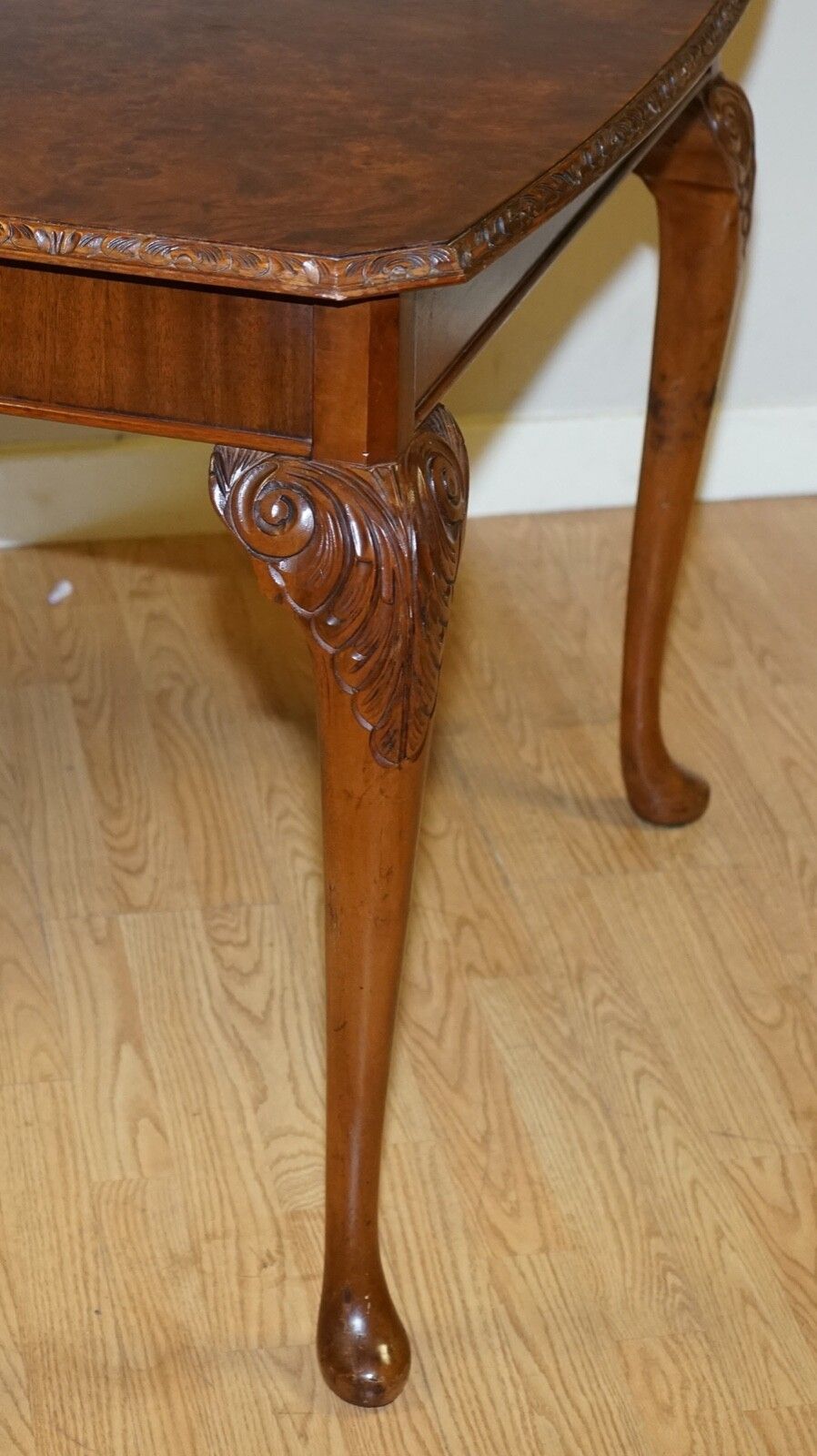 A Very Beautiful Circa 1930's Burr Walnut Queen Anne Carved Legs Dining Table photo vintage