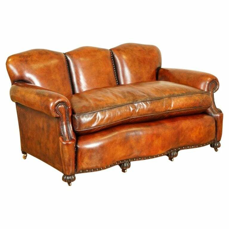 Fully Restored Hand Dyed Whisky Brown Edwardian Sofa With Feather Filled Cushion
