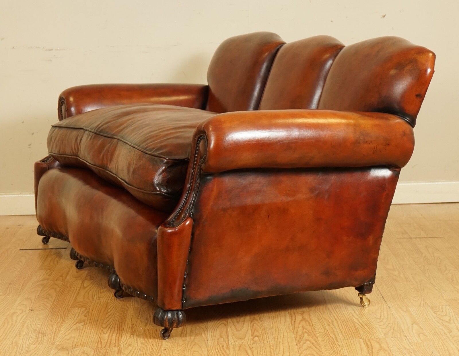 Furniture Fully Restored Hand Dyed Whisky Brown Edwardian Sofa With Feather Filled Cushion photo