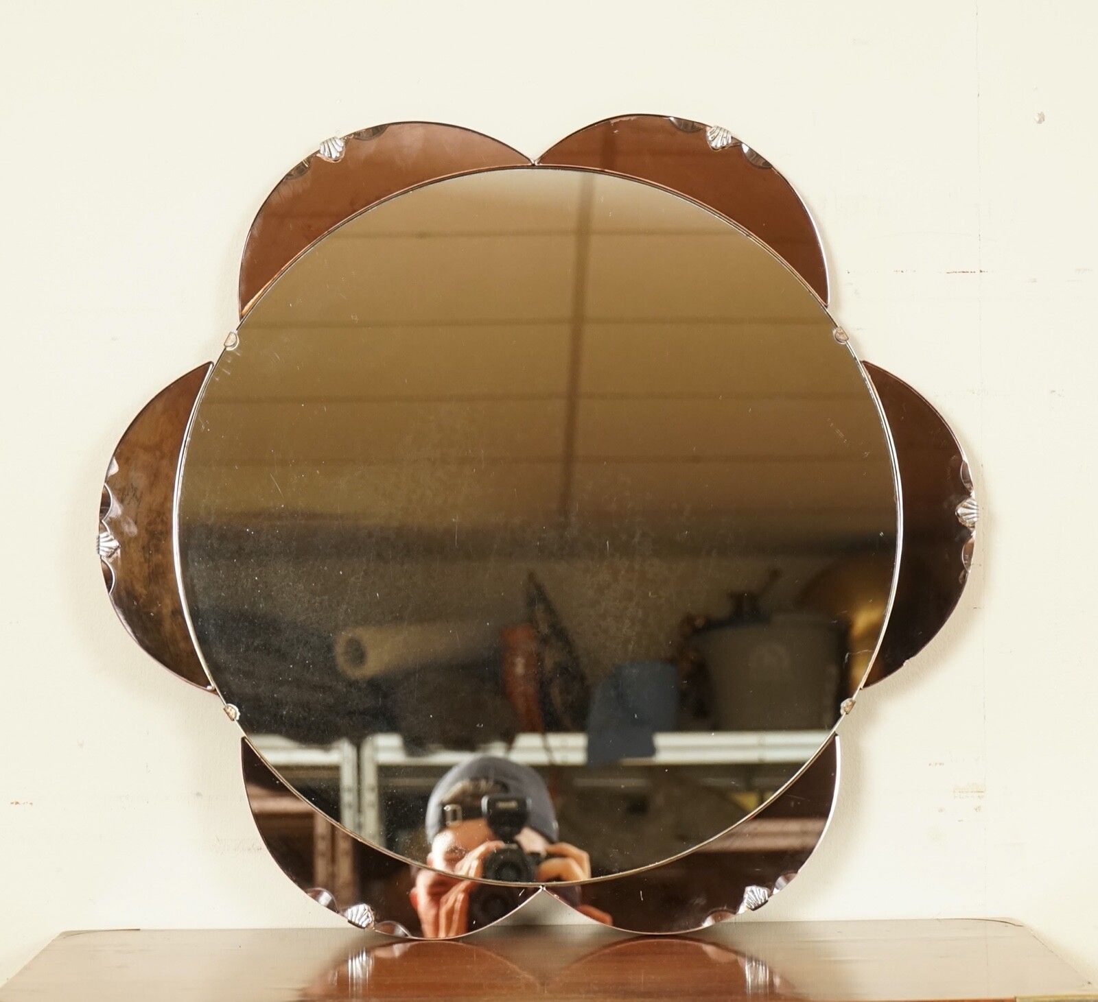 Stunning 1930's Amber/Peach In Shape Of A Flower Bevelled Mirror photo furniture