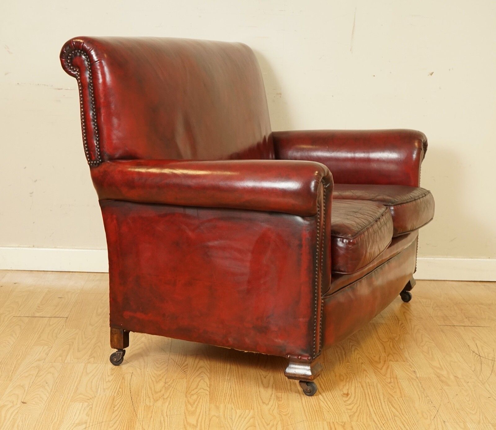 photo for sale Stunning Victorian Burgundy Gentleman's Club Hand Dyed Leather Sofa