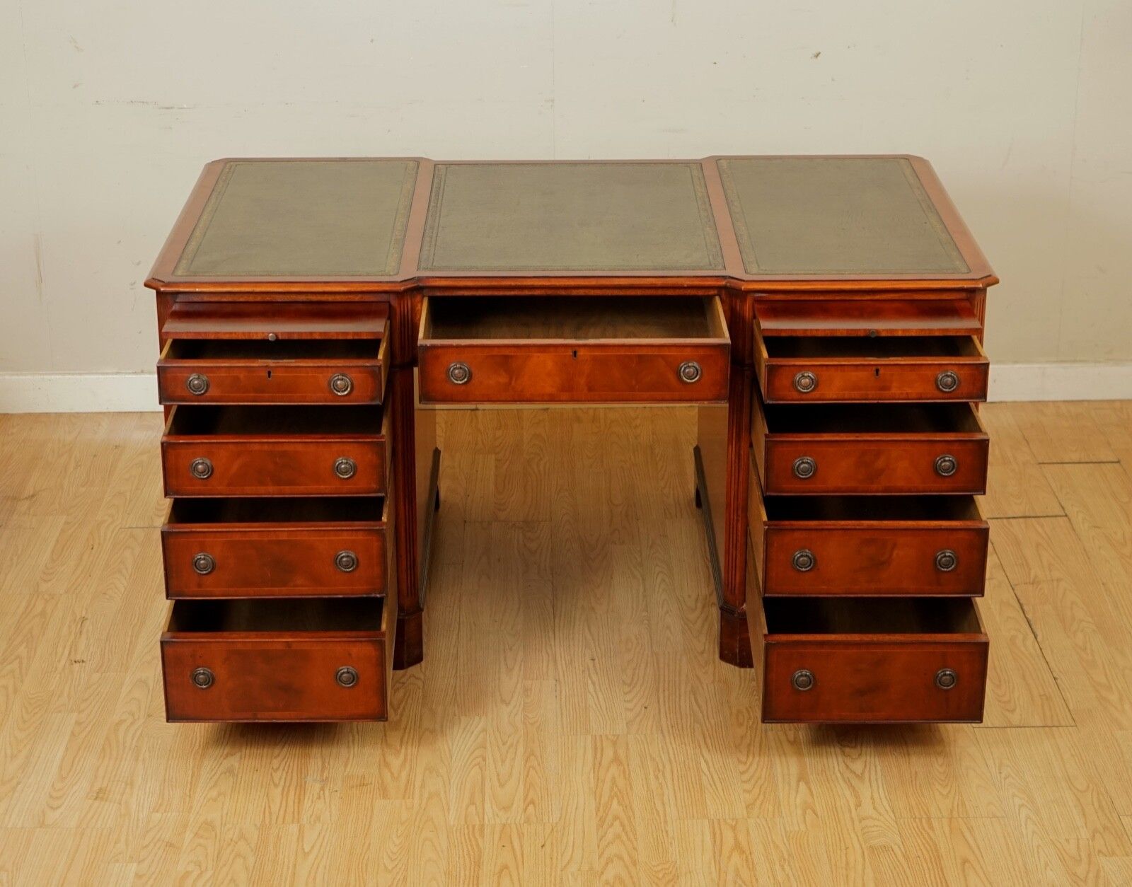 E.G Hudson Fully Restored Twin Pedestal Mahogany Desk With Green Leather Top photo for sale
