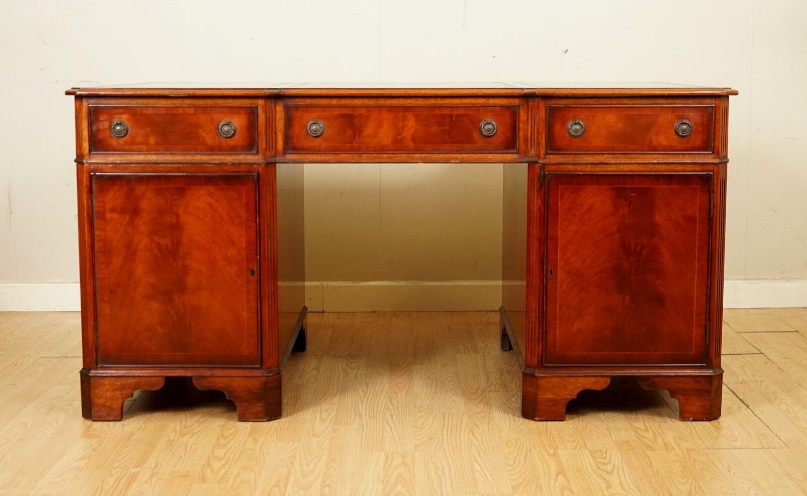 E.G Hudson Fully Restored Twin Pedestal Mahogany Desk With Green Leather Top photo Furniture