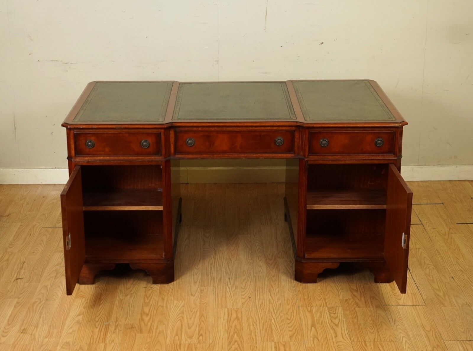 E.G Hudson Fully Restored Twin Pedestal Mahogany Desk With Green Leather Top photo 2595.0