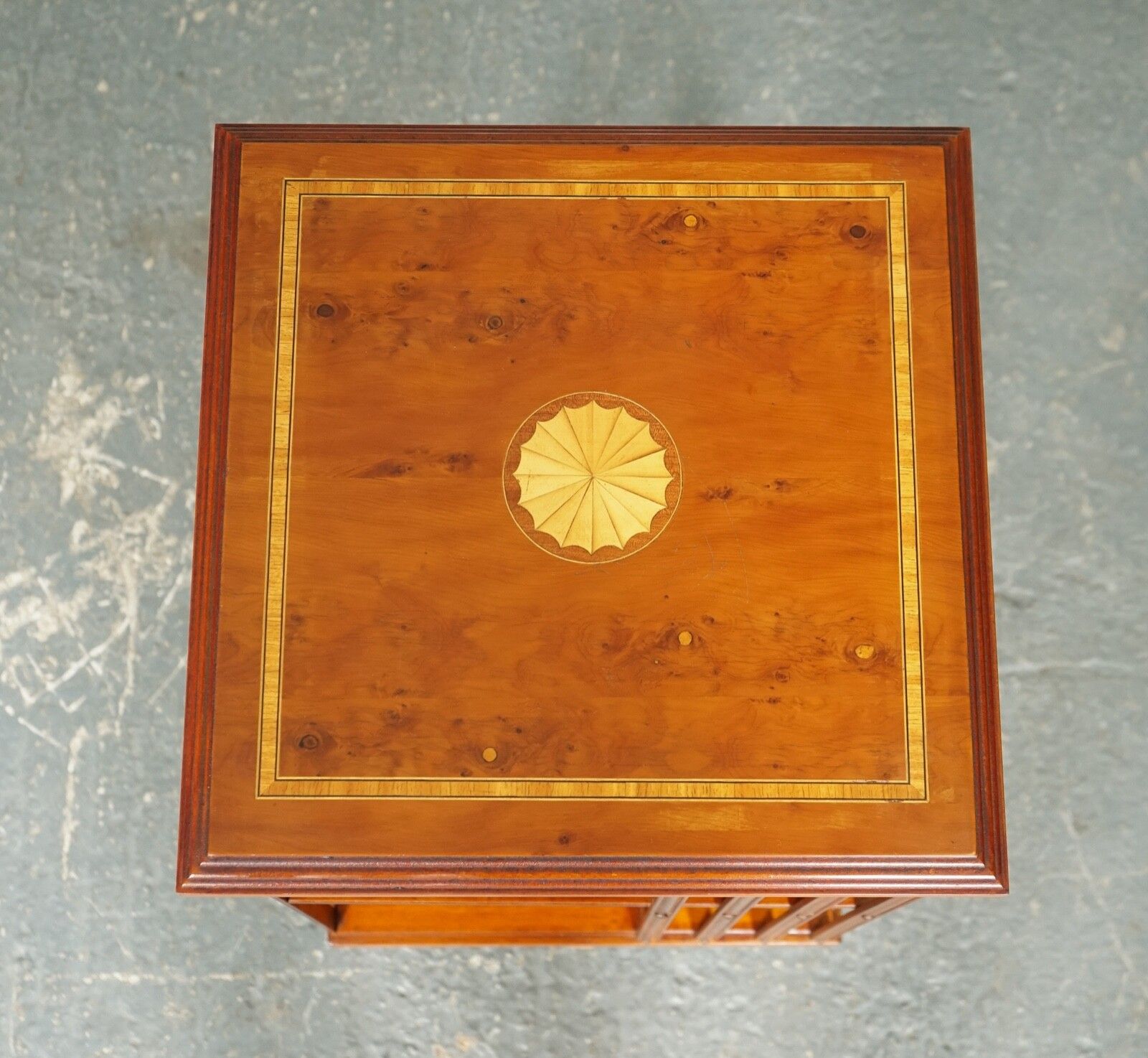 Stunning Burr Walnut Sheraton Revival Inlaid Revolving Bookcase End Table photo vinterior