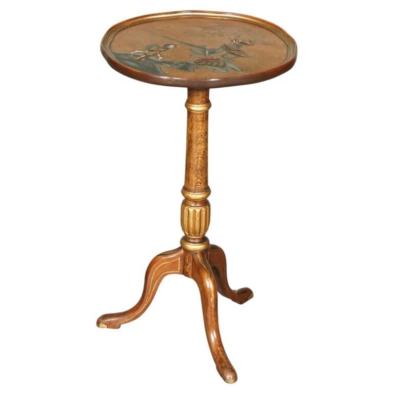 Vintage Oriental Chinoiserie  Ebonised Hand Painted Pedestal Side End Lamp Table