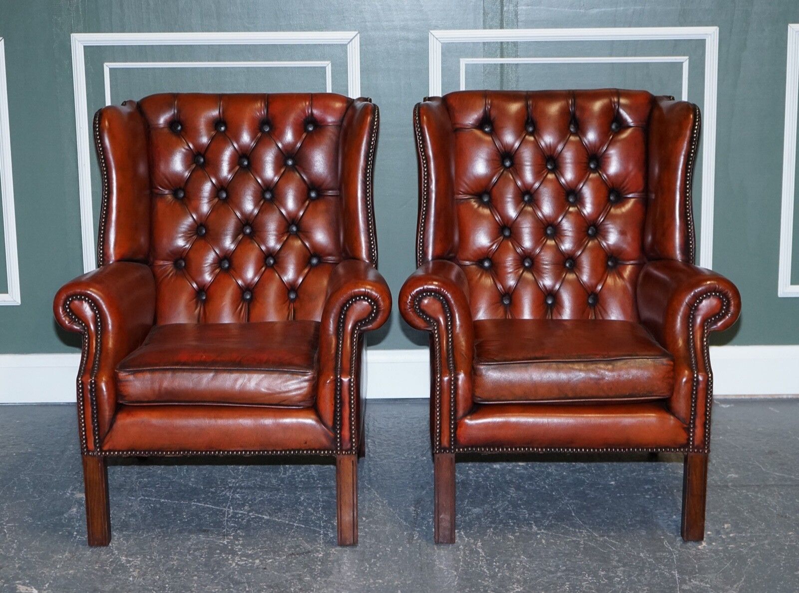 Stunning Pair Of Burgundy Brown Leather Hand Dyed Wingback Chairs photo for sale
