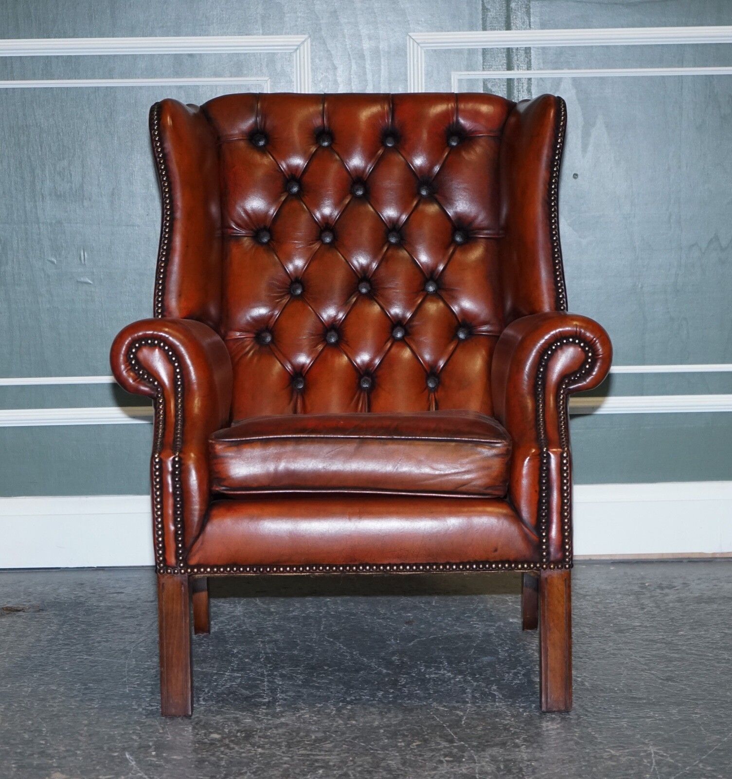 Stunning Pair Of Burgundy Brown Leather Hand Dyed Wingback Chairs photo 5000.0