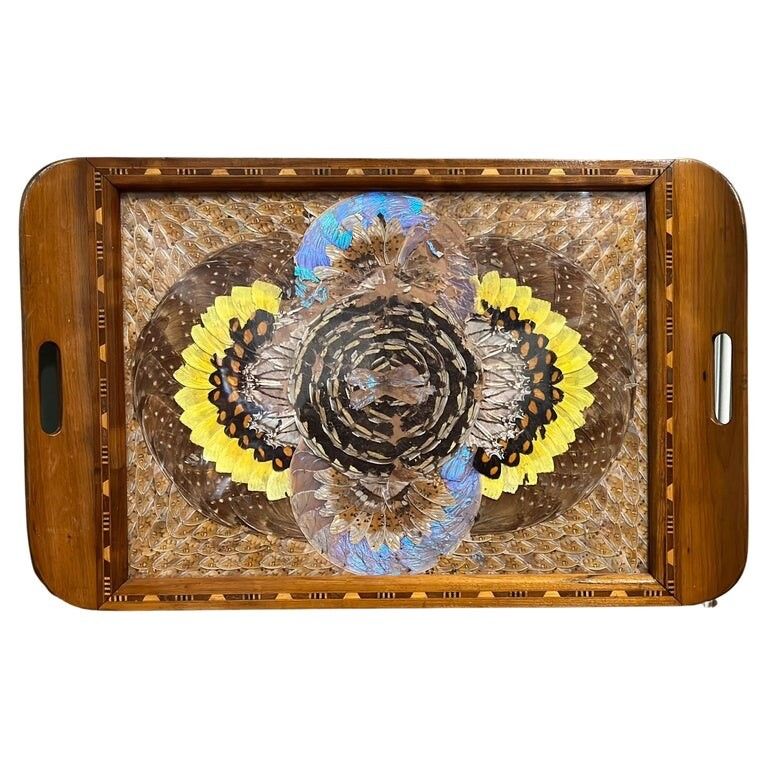 1940's Brazilian Inlaid Wood Tray With Real Morpho Butterfly Wings
