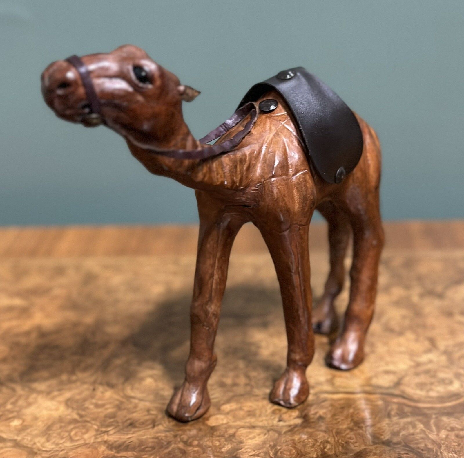 Camel Sculpture With Lovely Aged Leather On Hand Carved Wood By Libertys London photo for sale