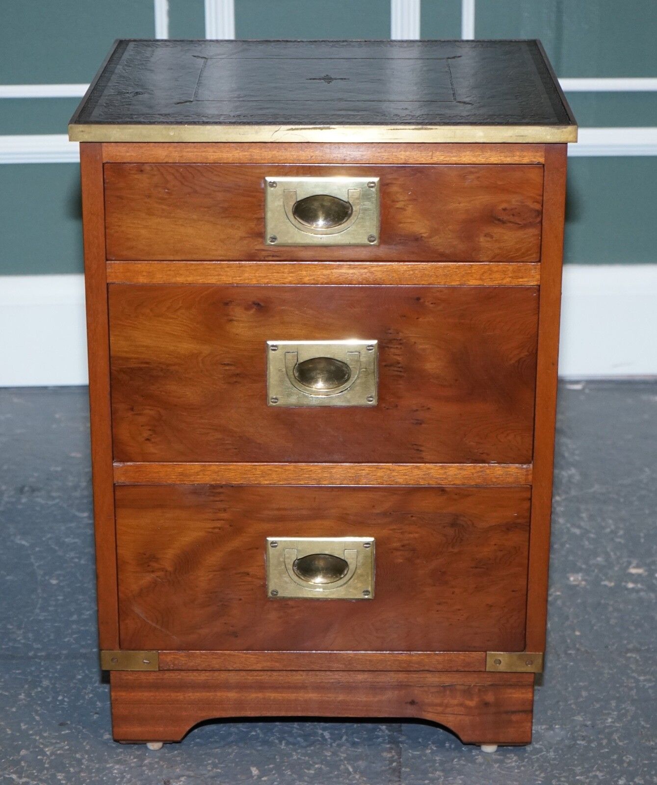 Military Campaign Bedside Nightstand End Table Green Leather Top photo buy