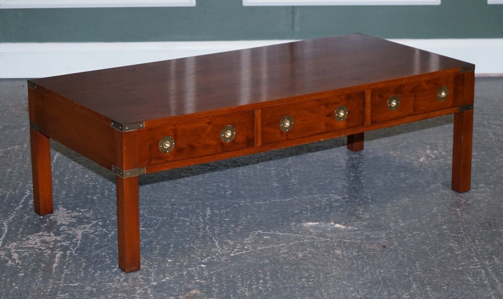 Restored Burr Yew & Elm Brass Military Campaign 3 Drawer Coffee Table photo for sale