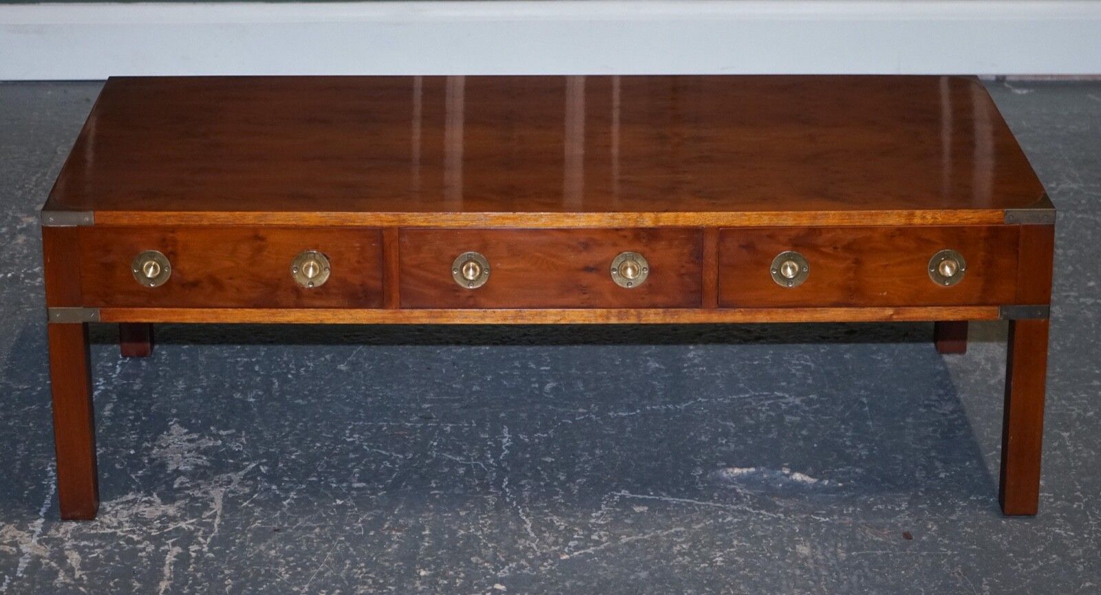 Restored Burr Yew & Elm Brass Military Campaign 3 Drawer Coffee Table photo Furniture