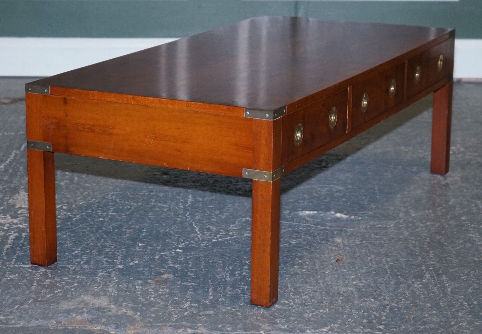 photo furniture Restored Burr Yew & Elm Brass Military Campaign 3 Drawer Coffee Table
