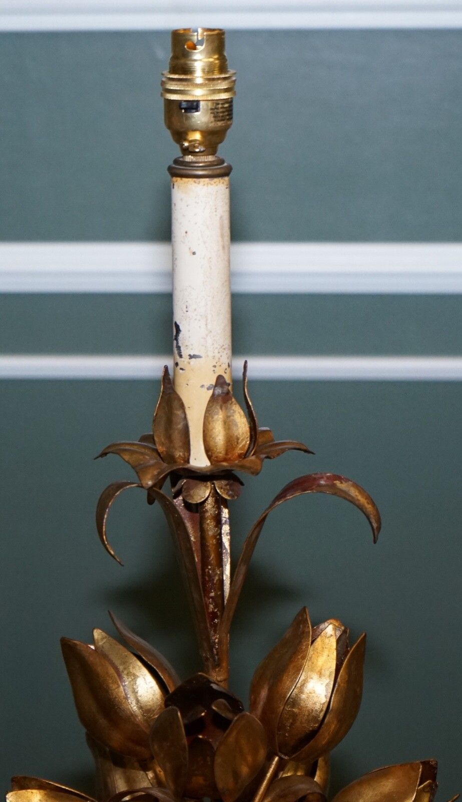 photo for sale Italian Hollywood Regency Gold Tone With Tulip & Lotus Flower Design Table Lamp
