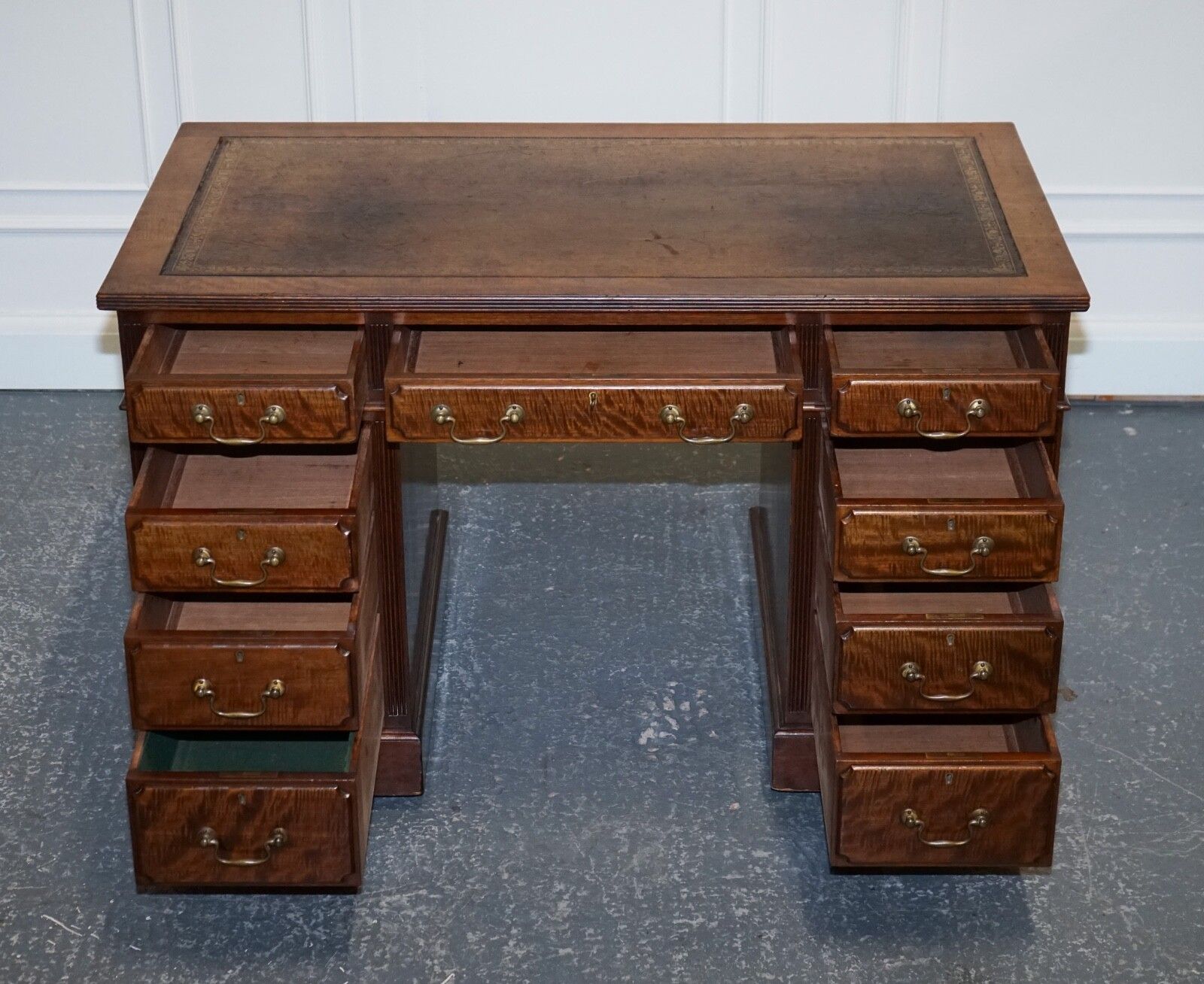 photo furniture Edwardian Maple & Co Pedestal Writing Desk Distressed Brown Embossed Leather