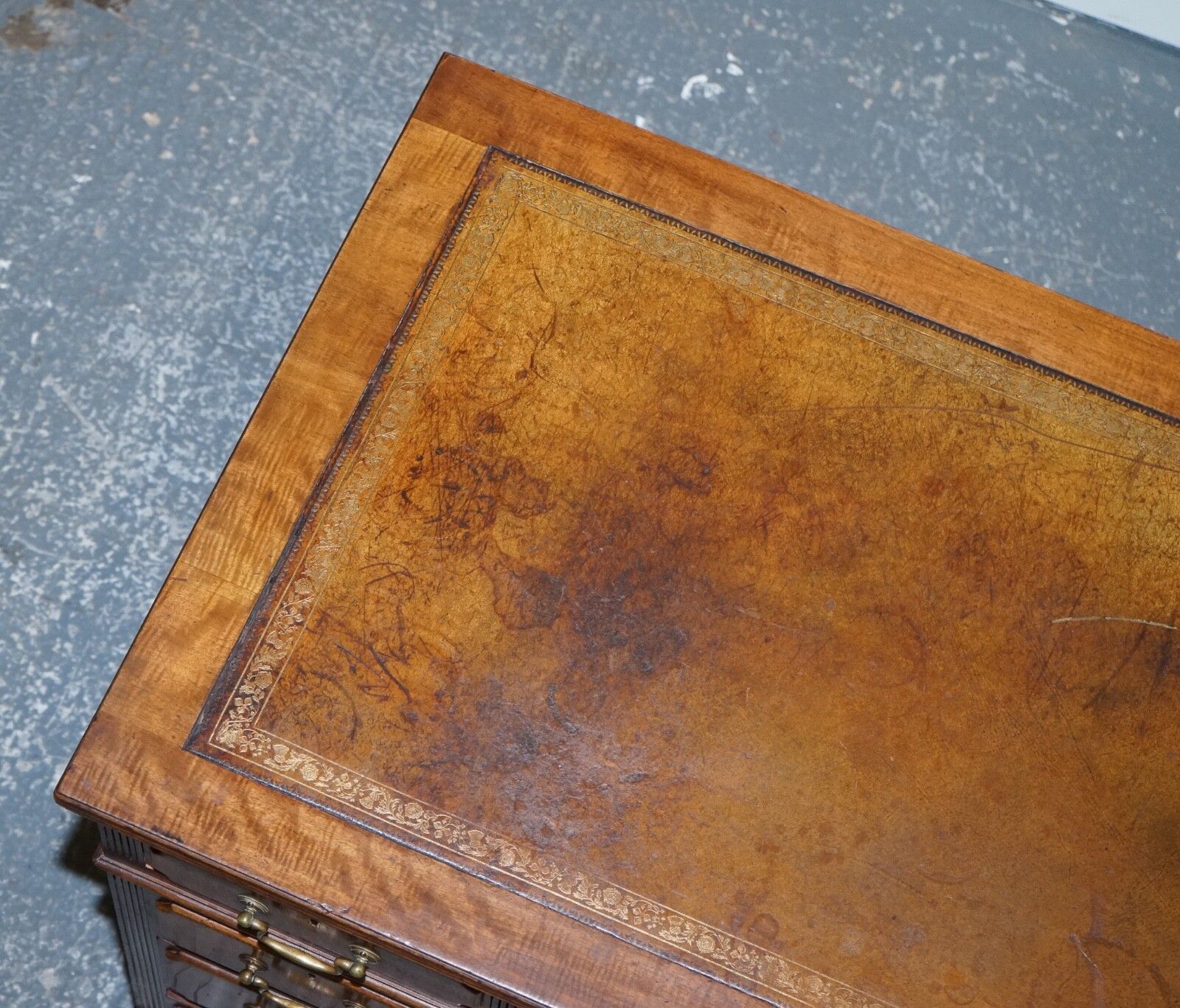 2750.0 Edwardian Maple & Co Pedestal Writing Desk Distressed Brown Embossed Leather photo