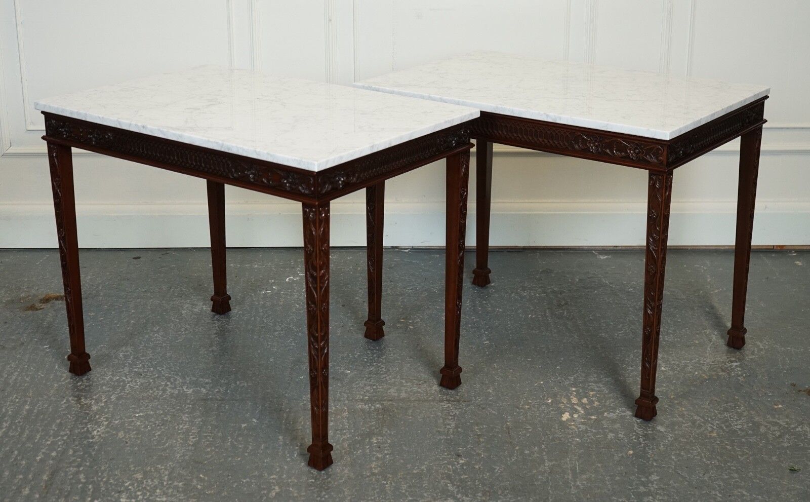 Pair Of Chippendale Style Console Tables With New White Carrara Marble Tops photo furniture