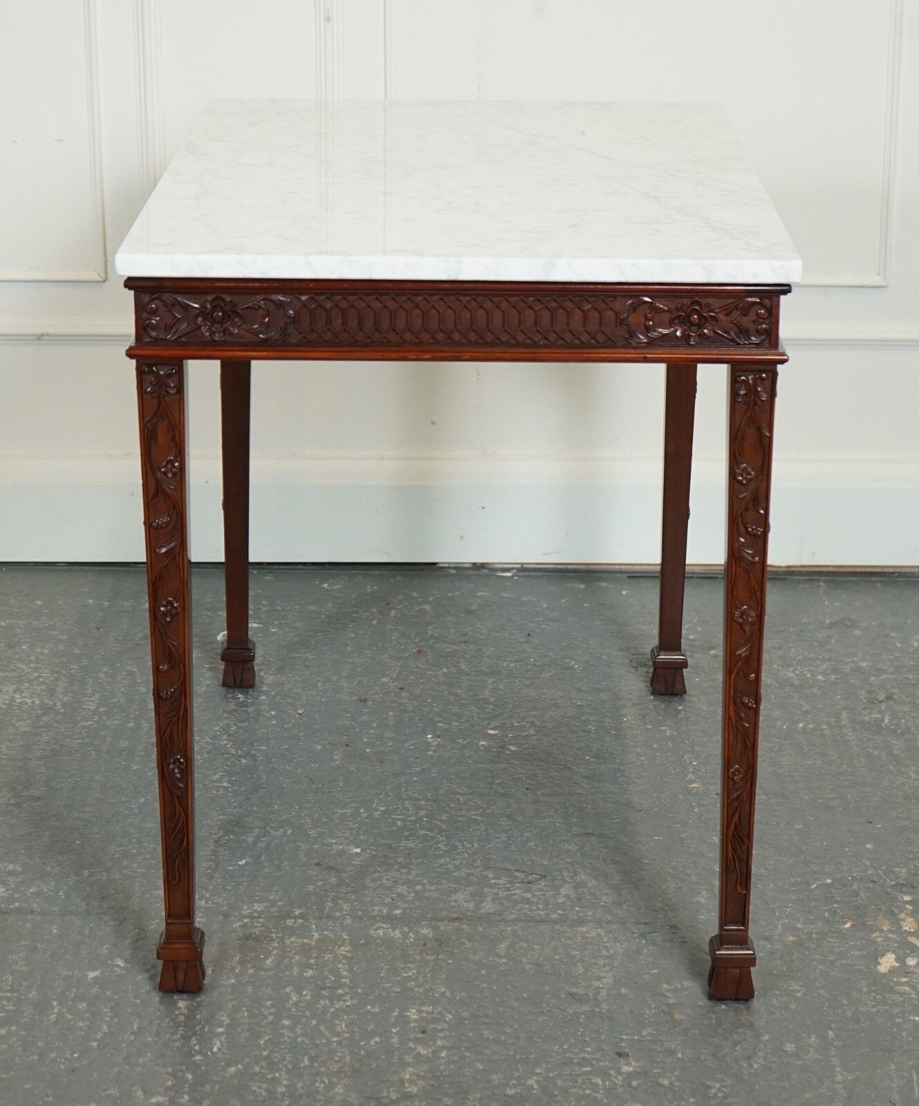 photo for sale Pair Of Chippendale Style Console Tables With New White Carrara Marble Tops