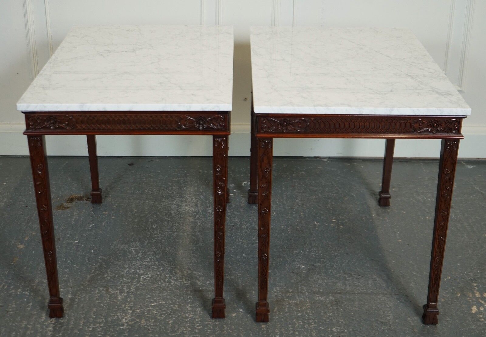 3500.0 Pair Of Chippendale Style Console Tables With New White Carrara Marble Tops photo