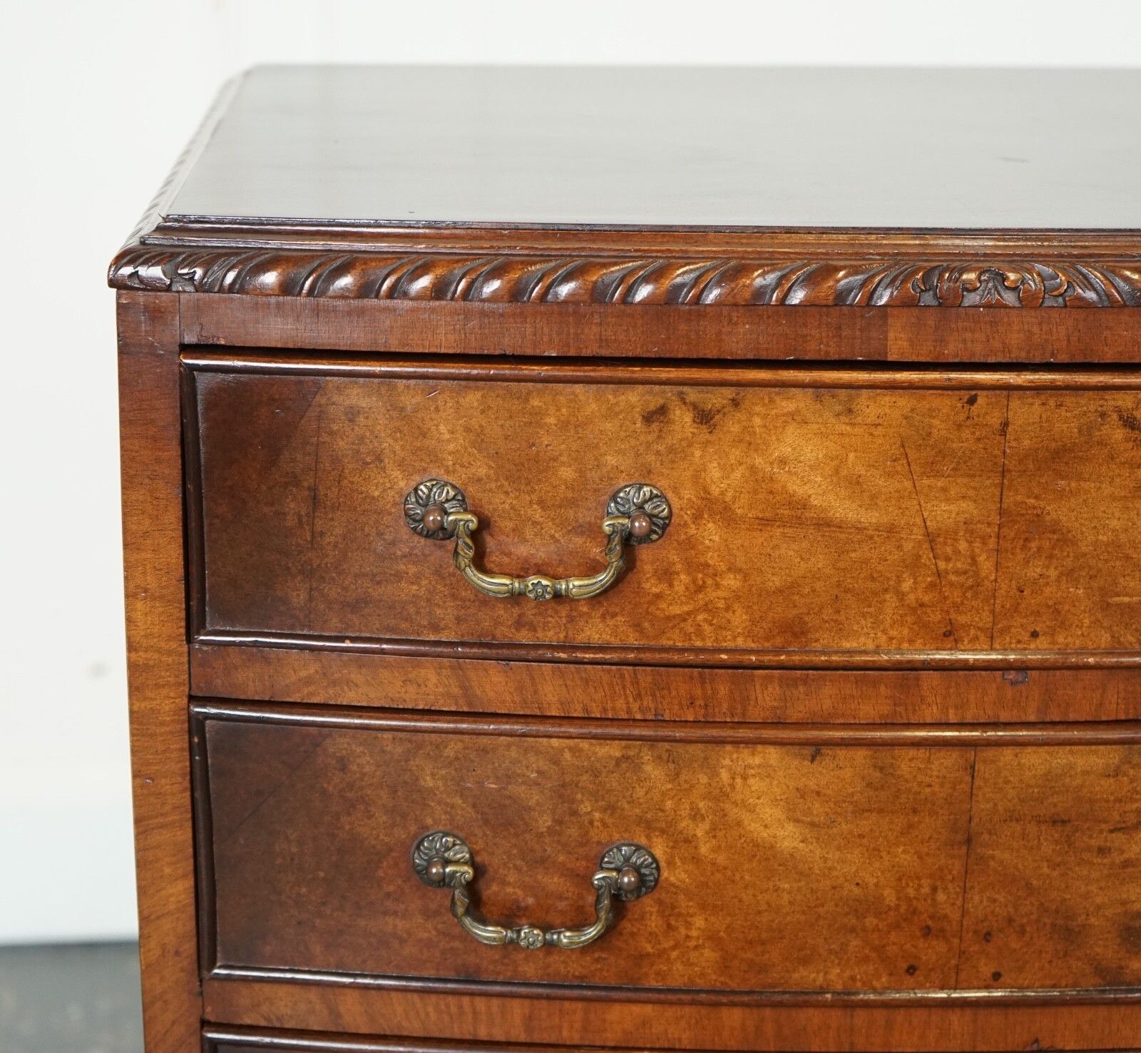 Figured Victorian Walnut Bow Fronted Chest Of Drawers Raised On Queen Anne Legs photo vintage
