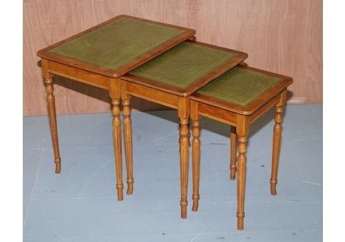 Nest Of Three Yew Wood Green Leather Top & Gold Leaf Embossed Side Tables photo for sale