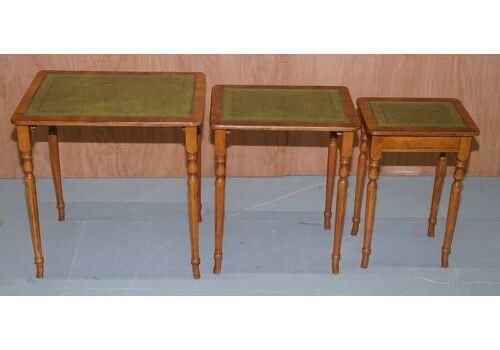Nest Of Three Yew Wood Green Leather Top & Gold Leaf Embossed Side Tables photo 450.0