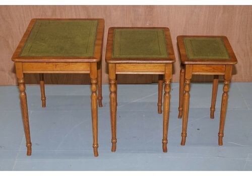 Nest Of Three Yew Wood Green Leather Top & Gold Leaf Embossed Side Tables photo vintage