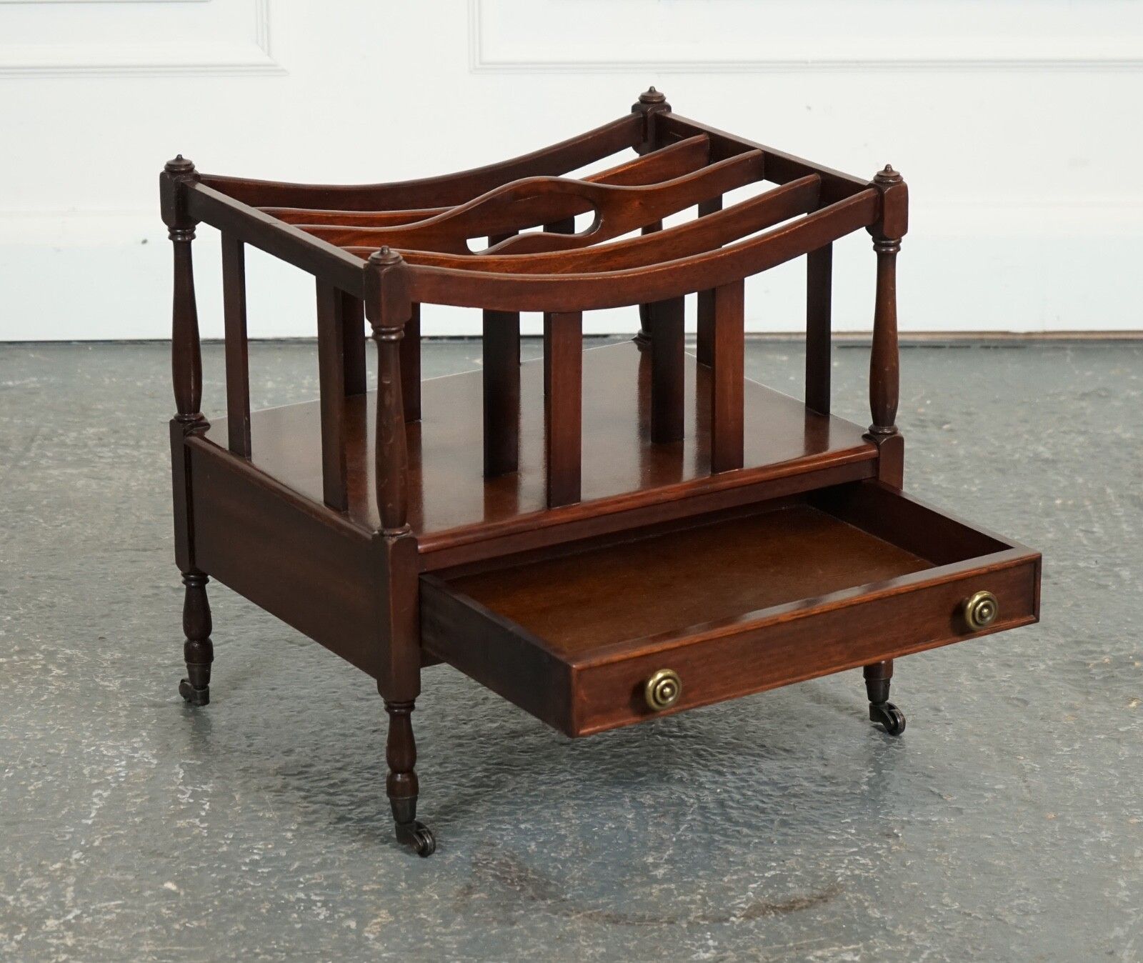 Vintage Mahogany Canterbury Newspaper Rack With Brass Handles photo for sale