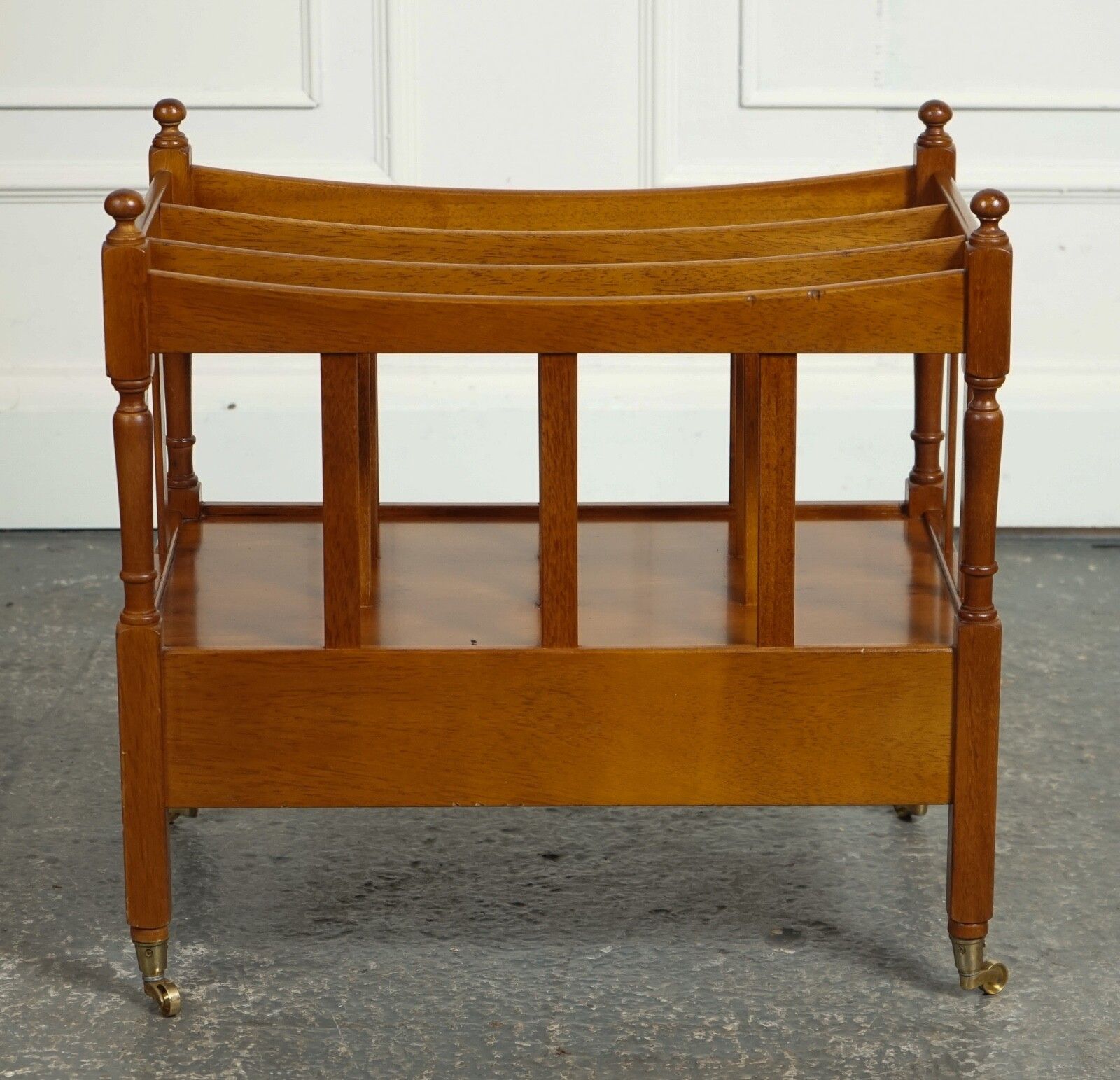photo for sale Vintage Yew Wood Canterbury Newspaper Rack With Brass Handles And Drawer J1